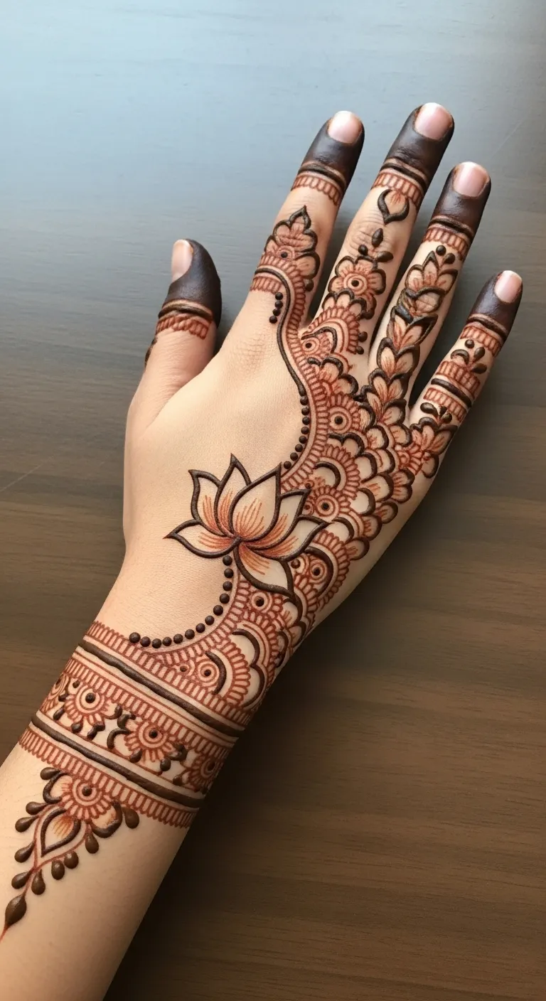 Lotus chain floral mehndi for right hand