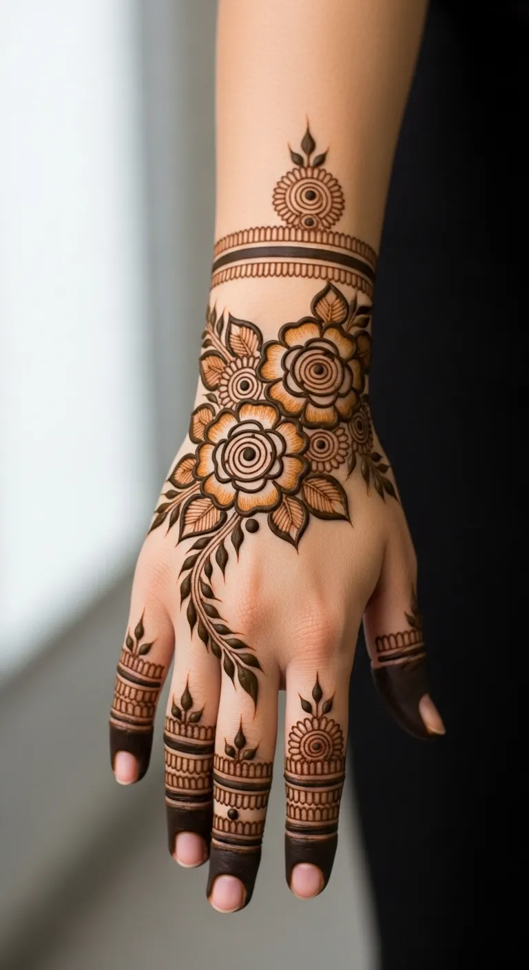 Floral rose bouquet Arabic back hand mehndi