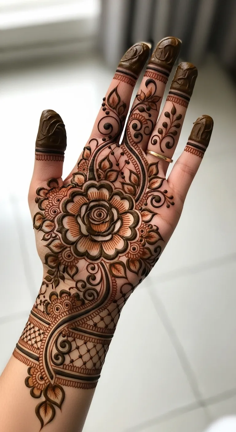 Floral rose centerpiece engagement mehndi on palm