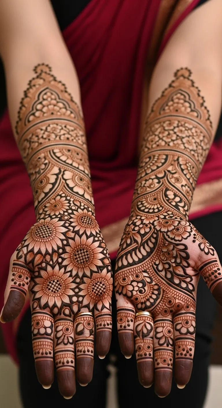 Sunflower cluster engagement mehndi on back hand