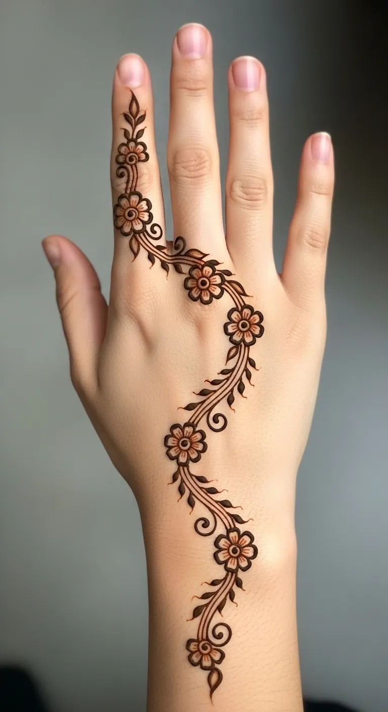 200+ Stunning Flower Mehndi Designs You Will Love (2026) 20 Diagonal flower trail mehndi on back hand