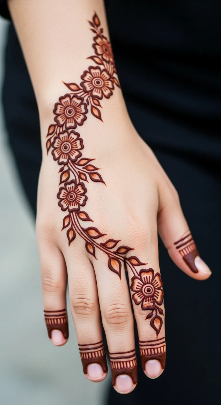 200+ Stunning Flower Mehndi Designs You Will Love (2026) 19 Flower vine trail mehndi from wrist to finger