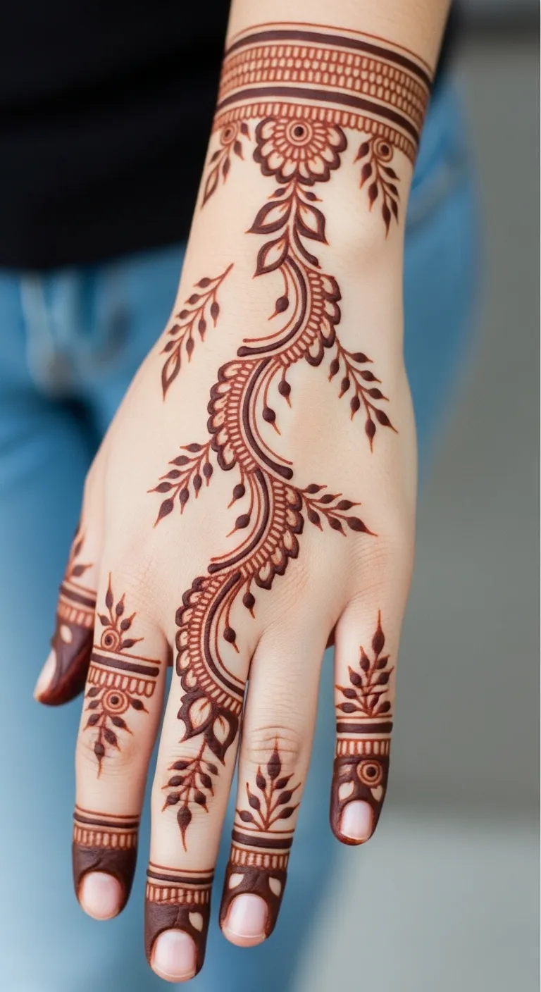 Front hand Arabic bail mehndi with center branching