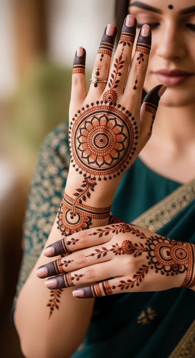 Front hand Arabic circle mehndi with petals