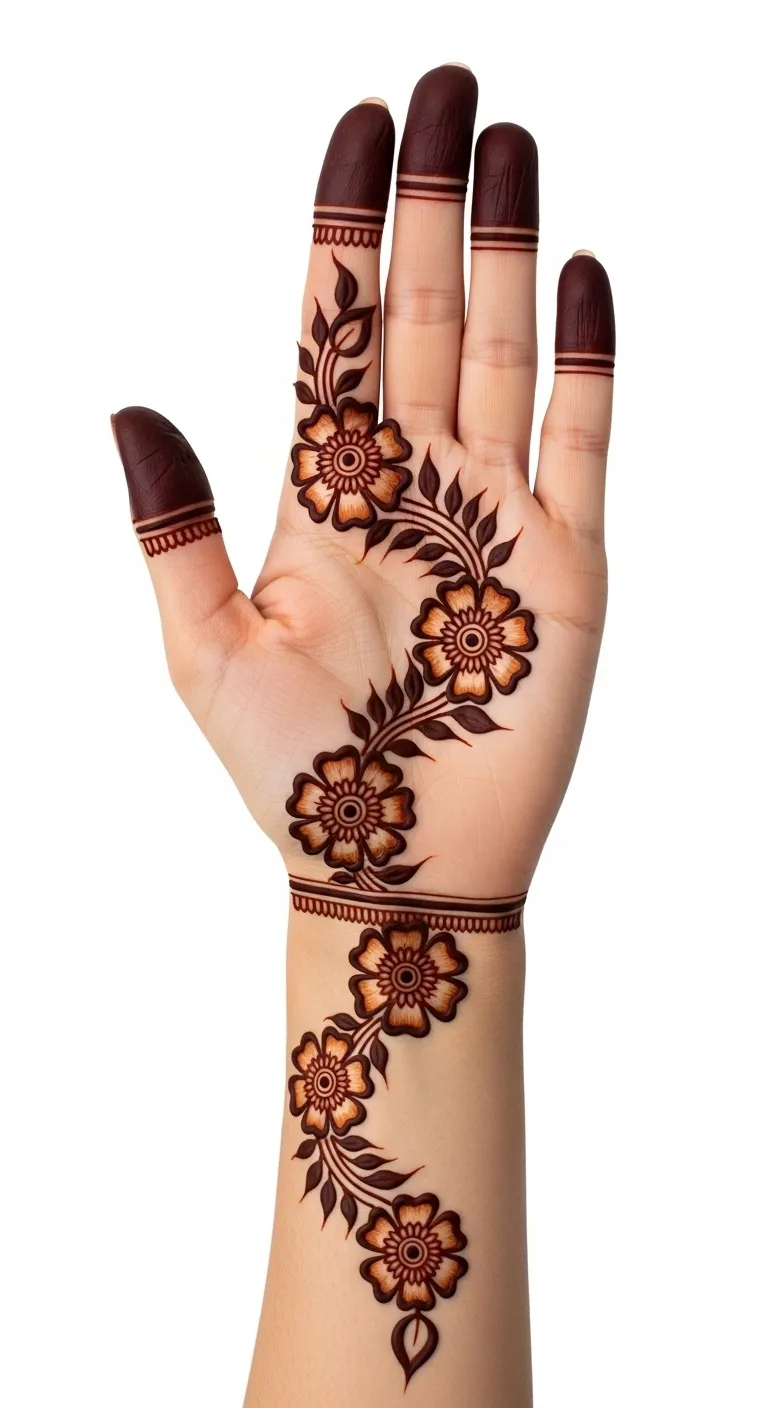 Bold floral trail starting from the wrist and ending at the index finger
