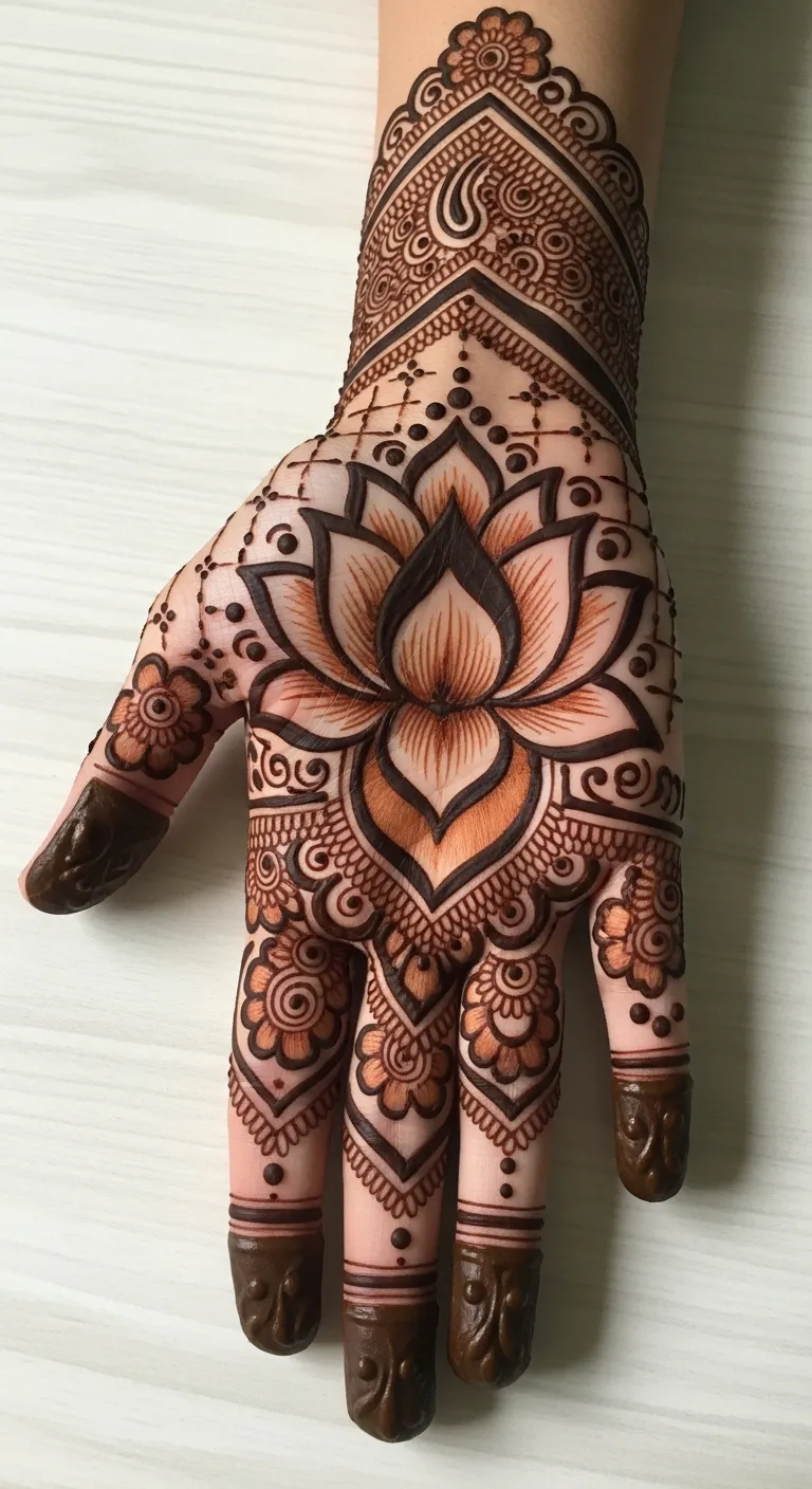Front hand Arabic Pakistani lotus mehndi design