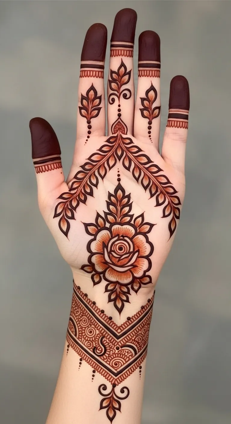 Front hand Arabic rose mehndi symmetric design