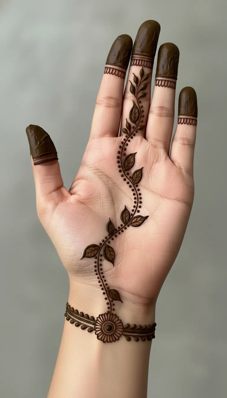 Thin chain pattern from a circular wrist band to the middle finger