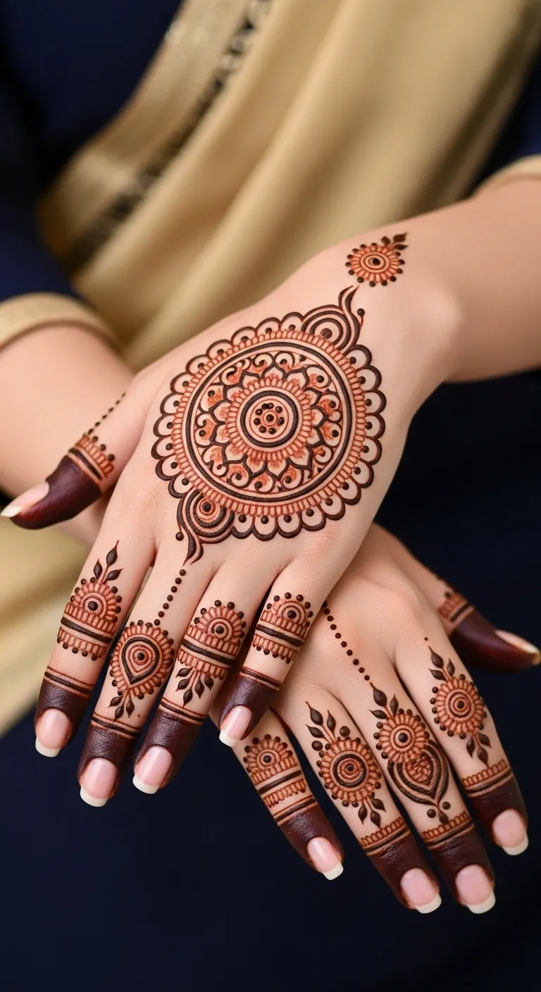Arabic circle mehndi extending to fingers