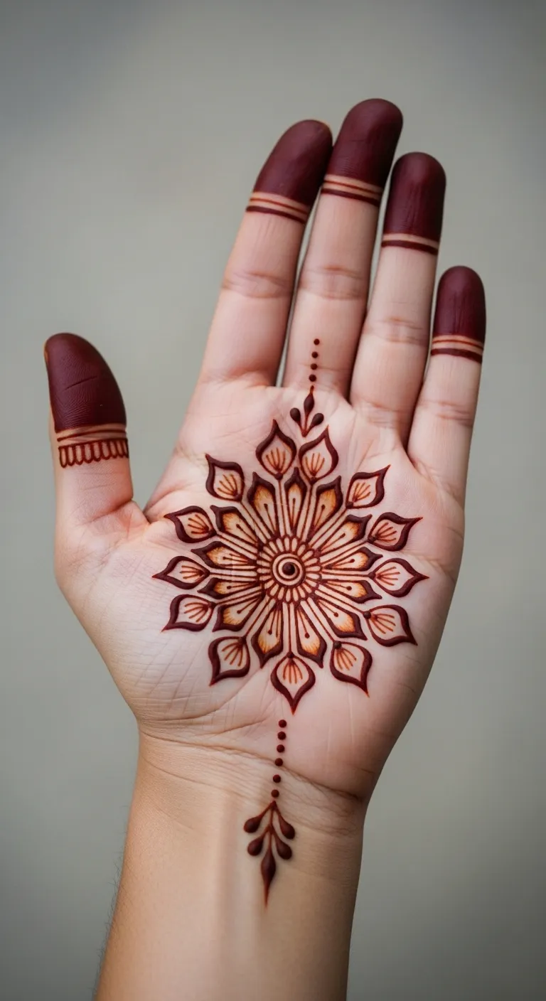 200+ Stunning Flower Mehndi Designs You Will Love (2026) 8 Flower burst mehndi design on front hand