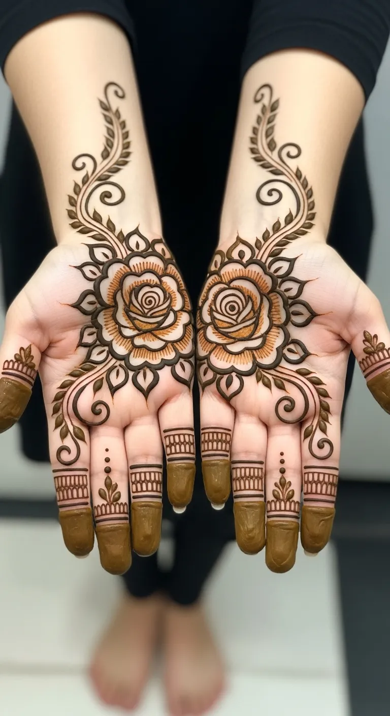 Large rose mehndi design on front hand