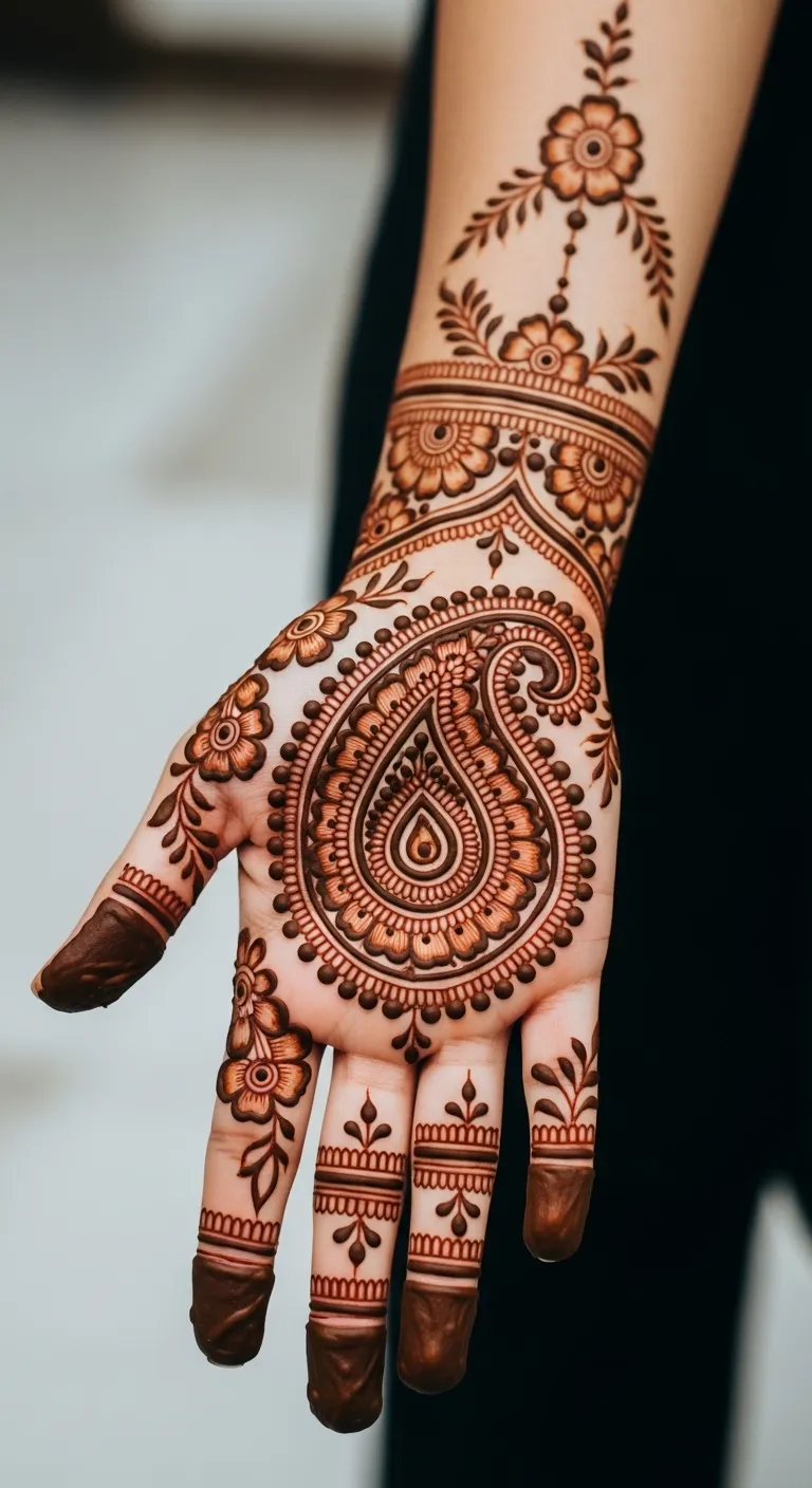 Large paisley front hand mehndi with filling