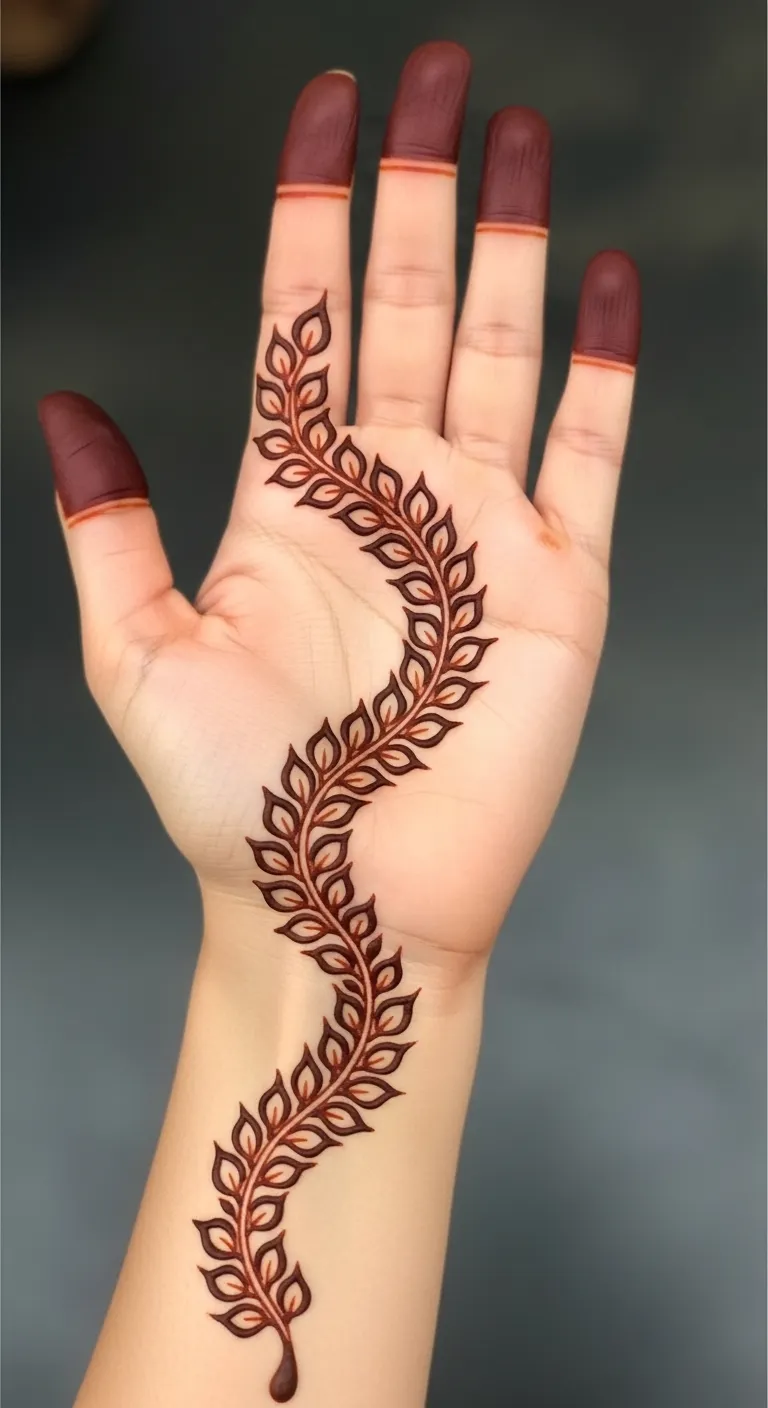 Long bail front hand mehndi with leaves