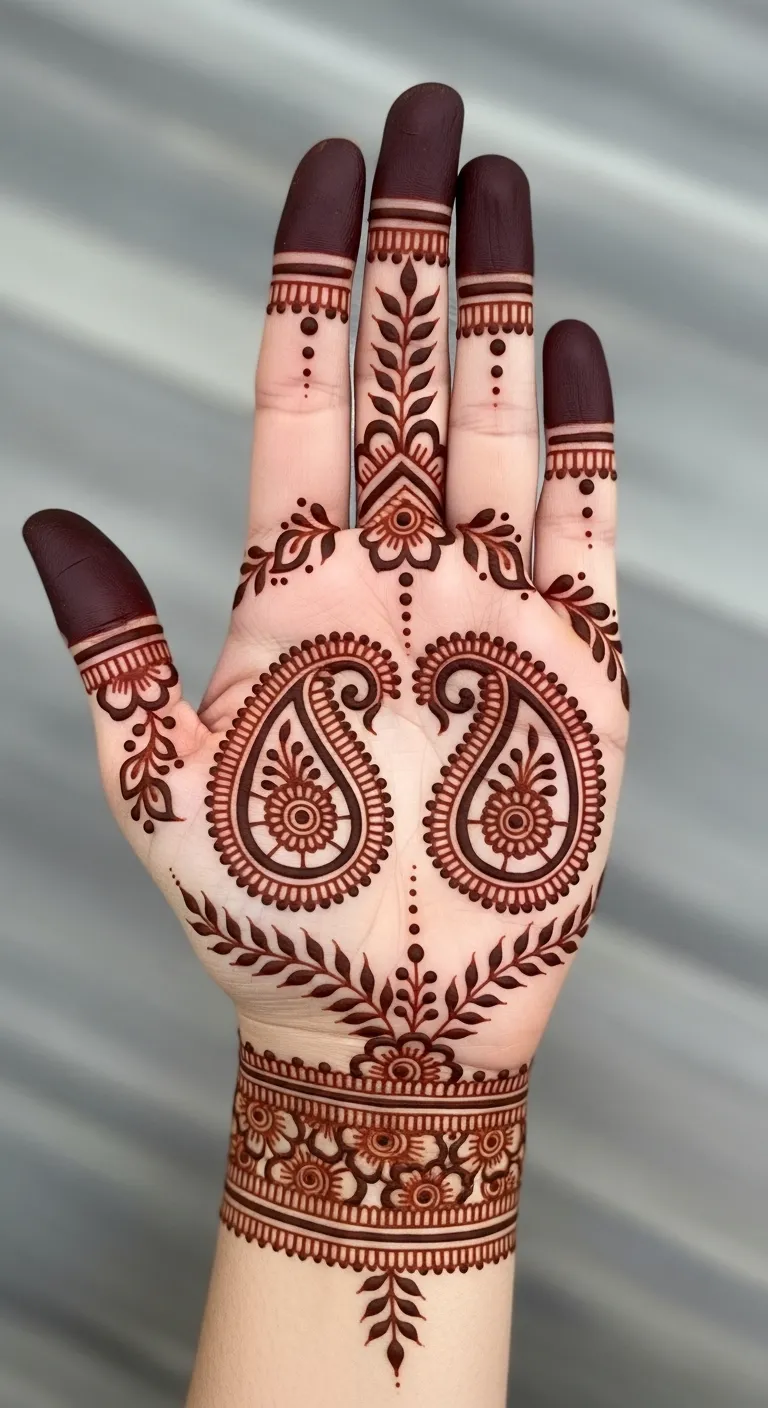 Mirror paisley mehndi design on front hand