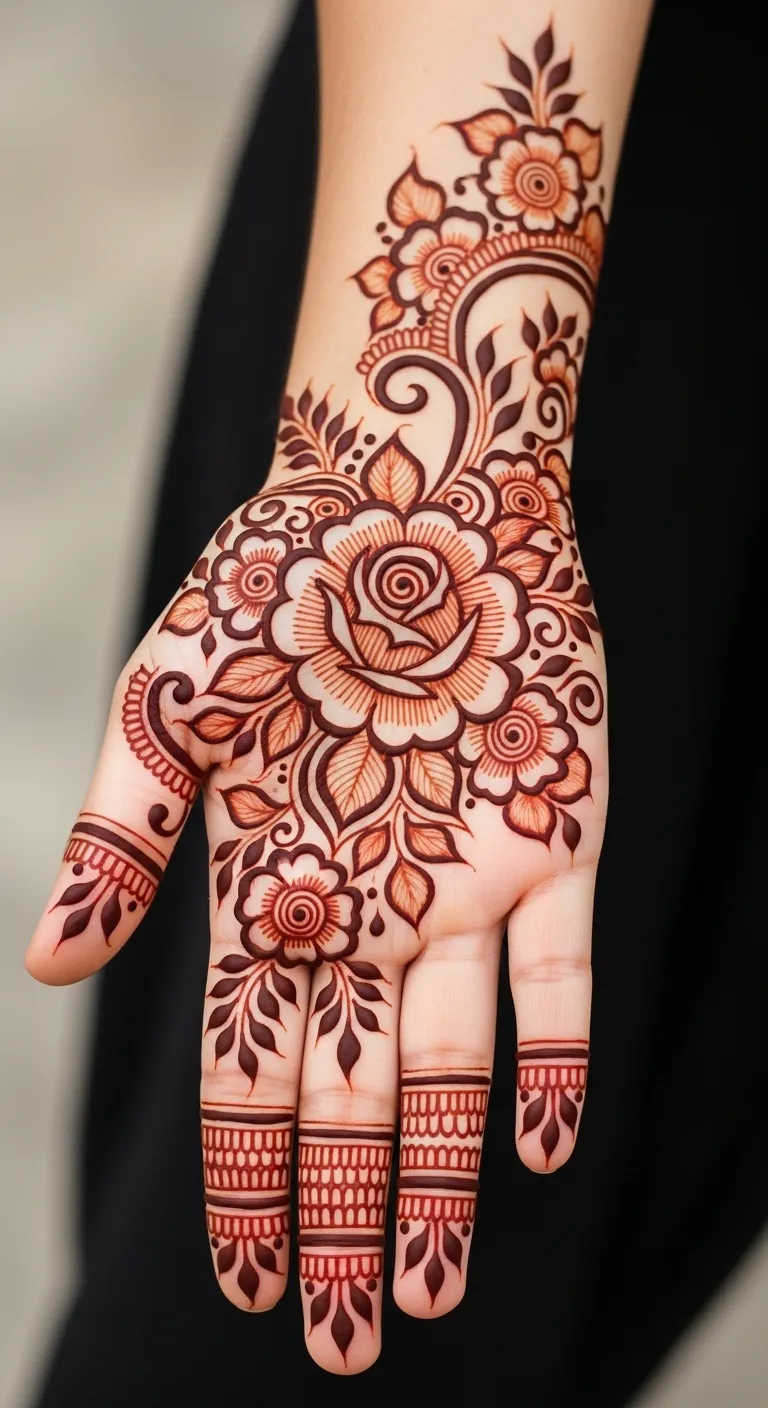 Rose mehndi design on center of front hand