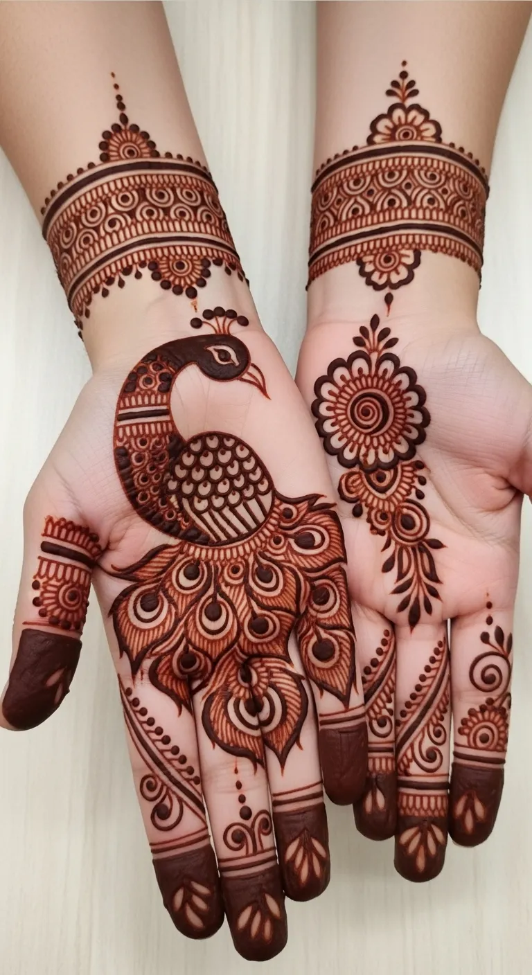 Front hand peacock mehndi in center of palm