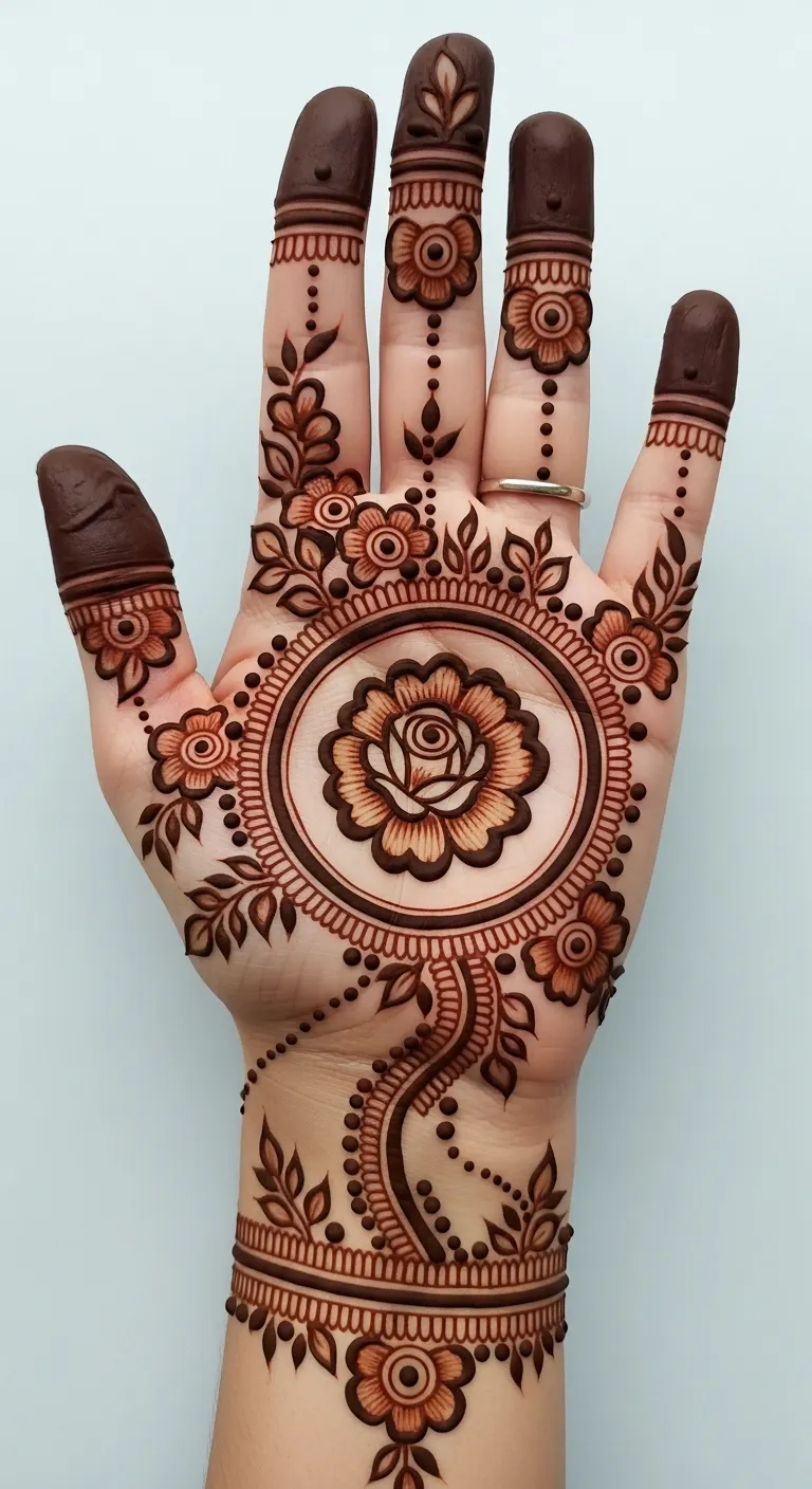 Front hand rose mehndi with circular border