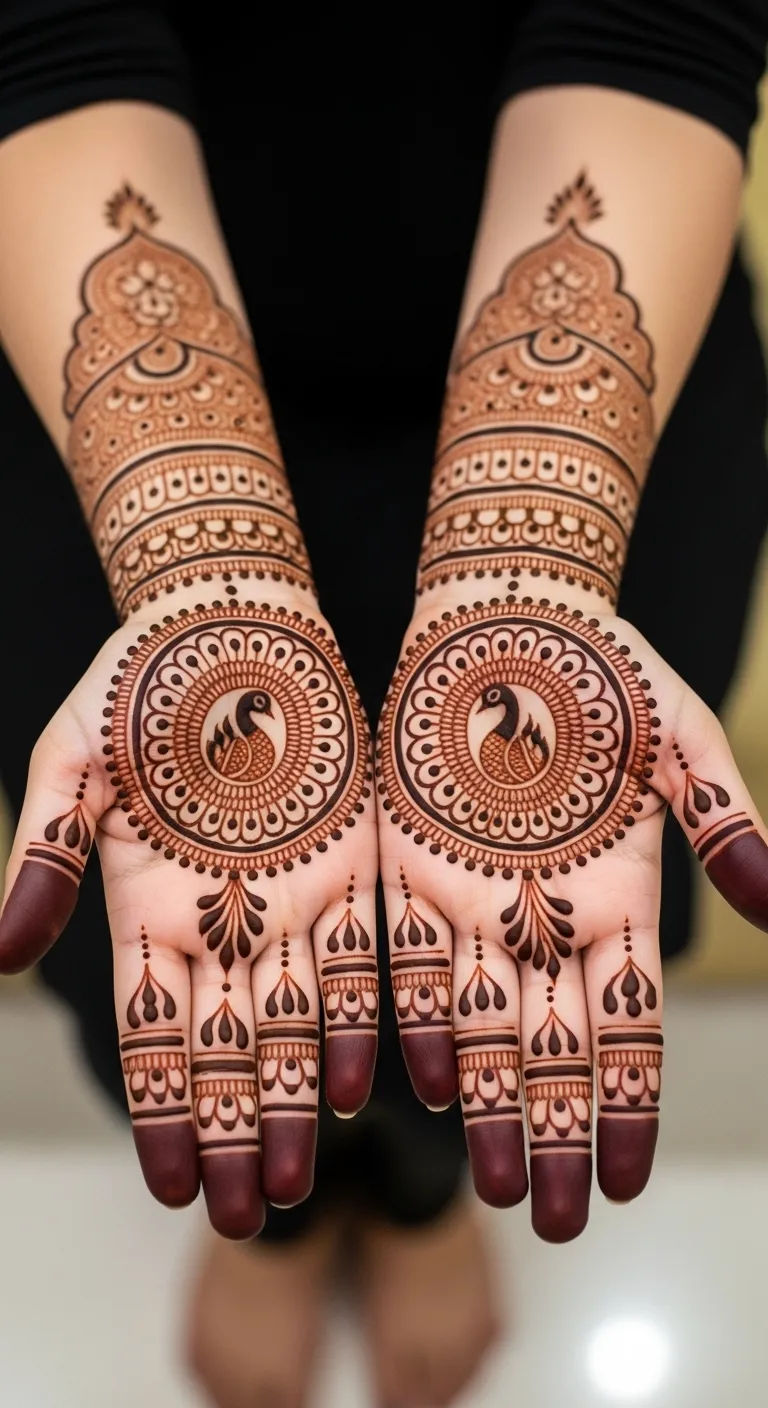Front hand round peacock mehndi with circular patterns