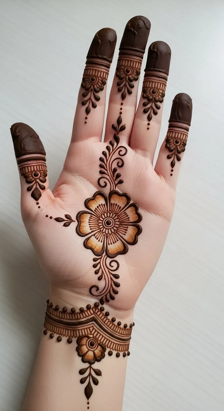 Shaded gradient flower mehndi on front hand