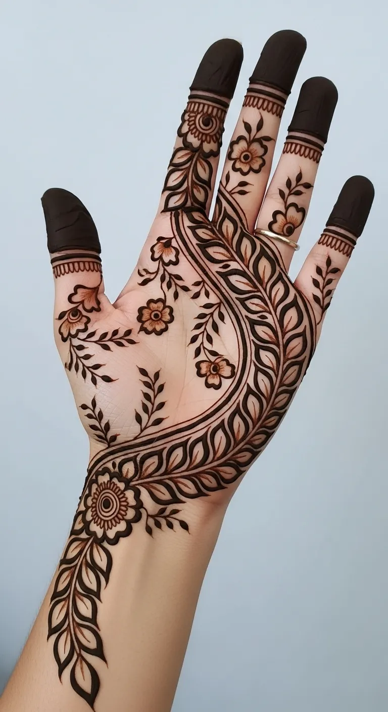 Shaded leaf trail mehndi front hand design