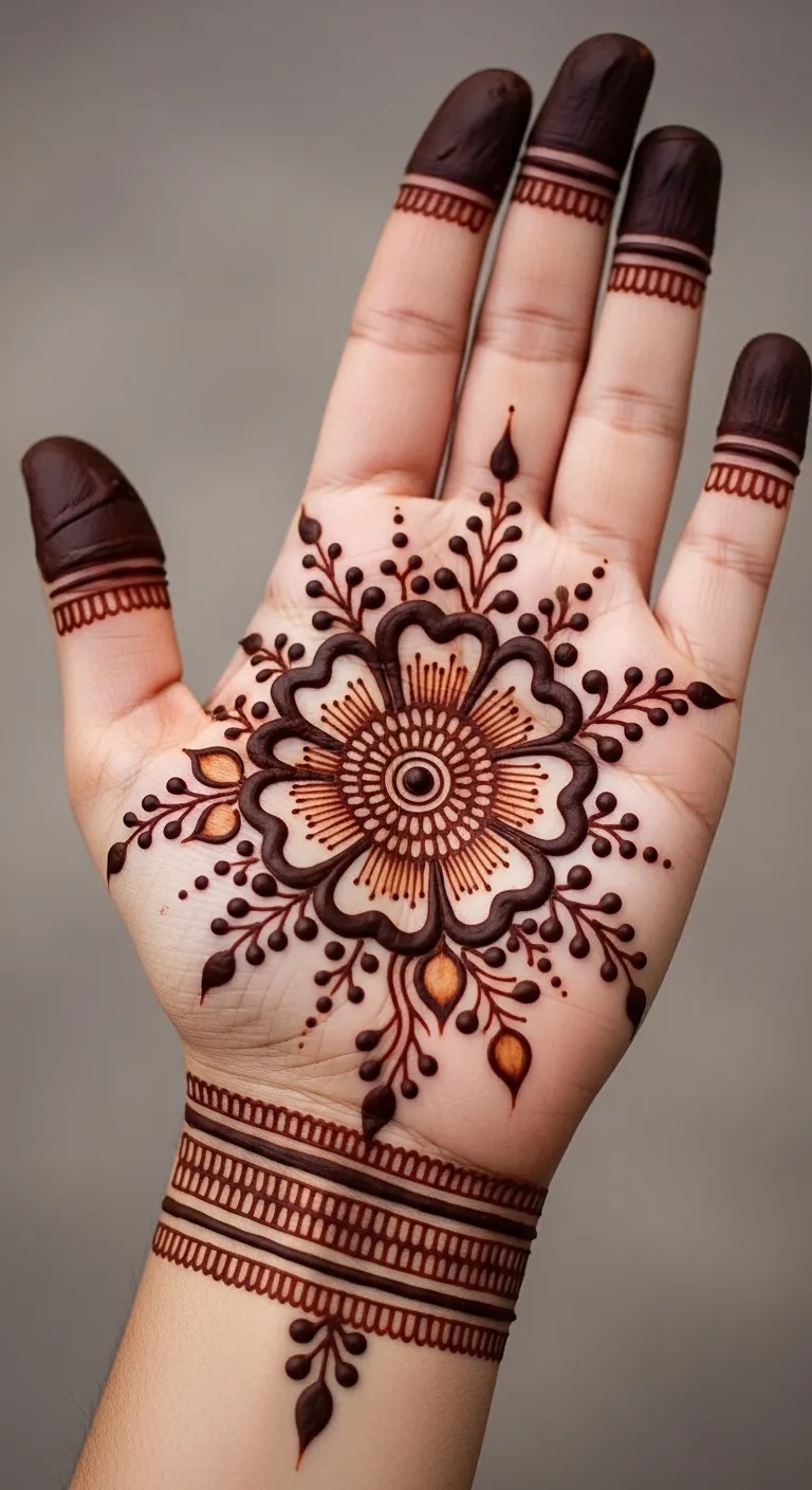 Simple front hand mehndi with single center flower