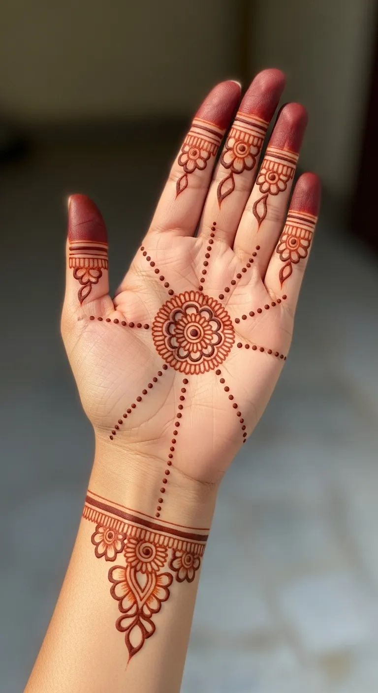 Small mandala with dots front hand mehndi
