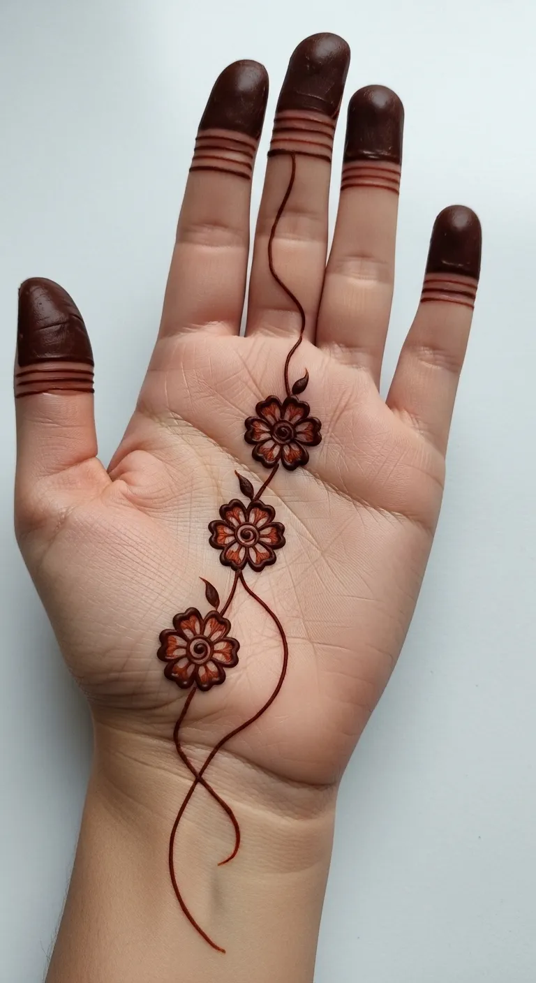 Three small flowers connected by a thin curving stem