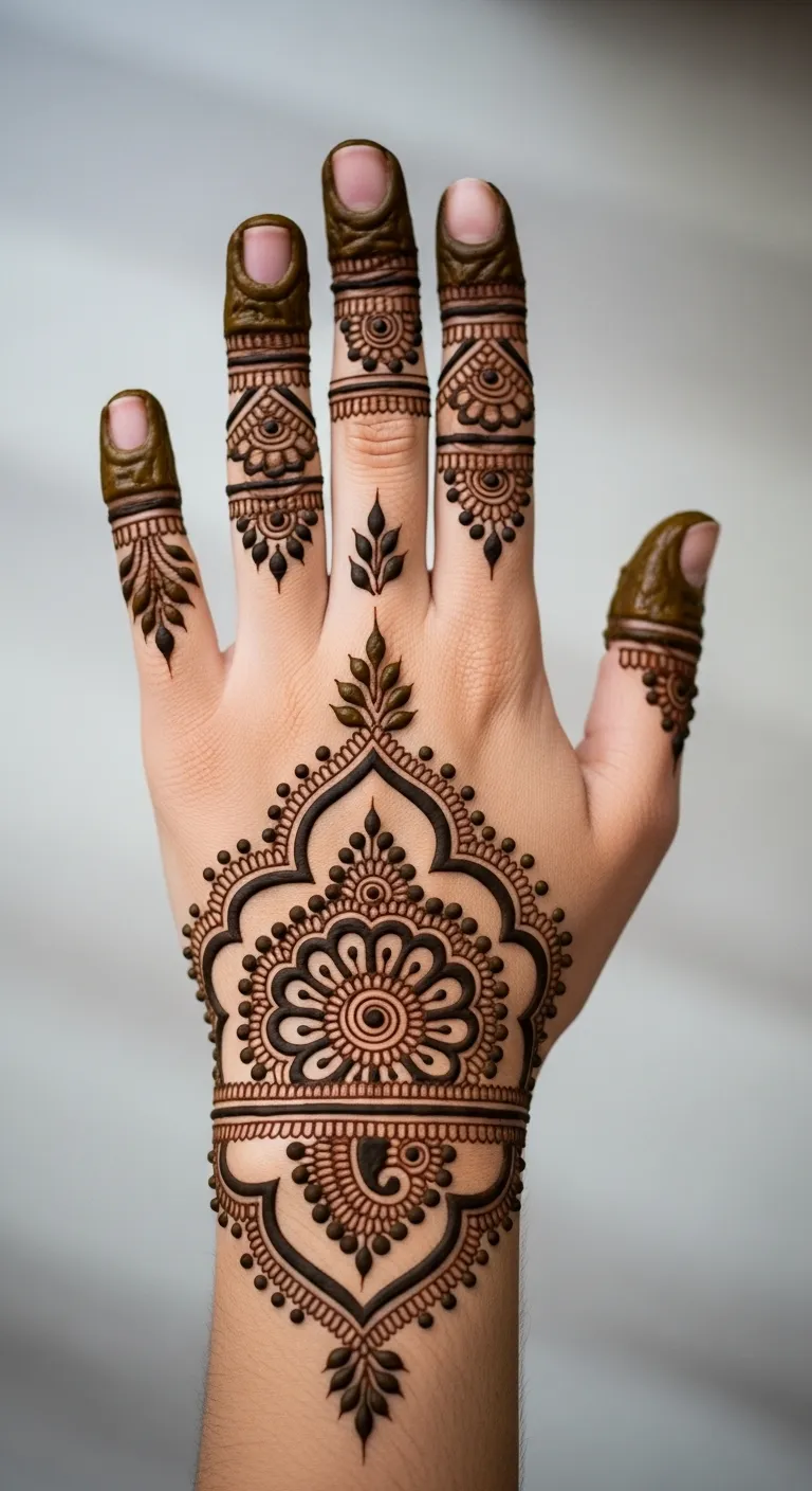 Full coverage back hand mehndi with finger detailing