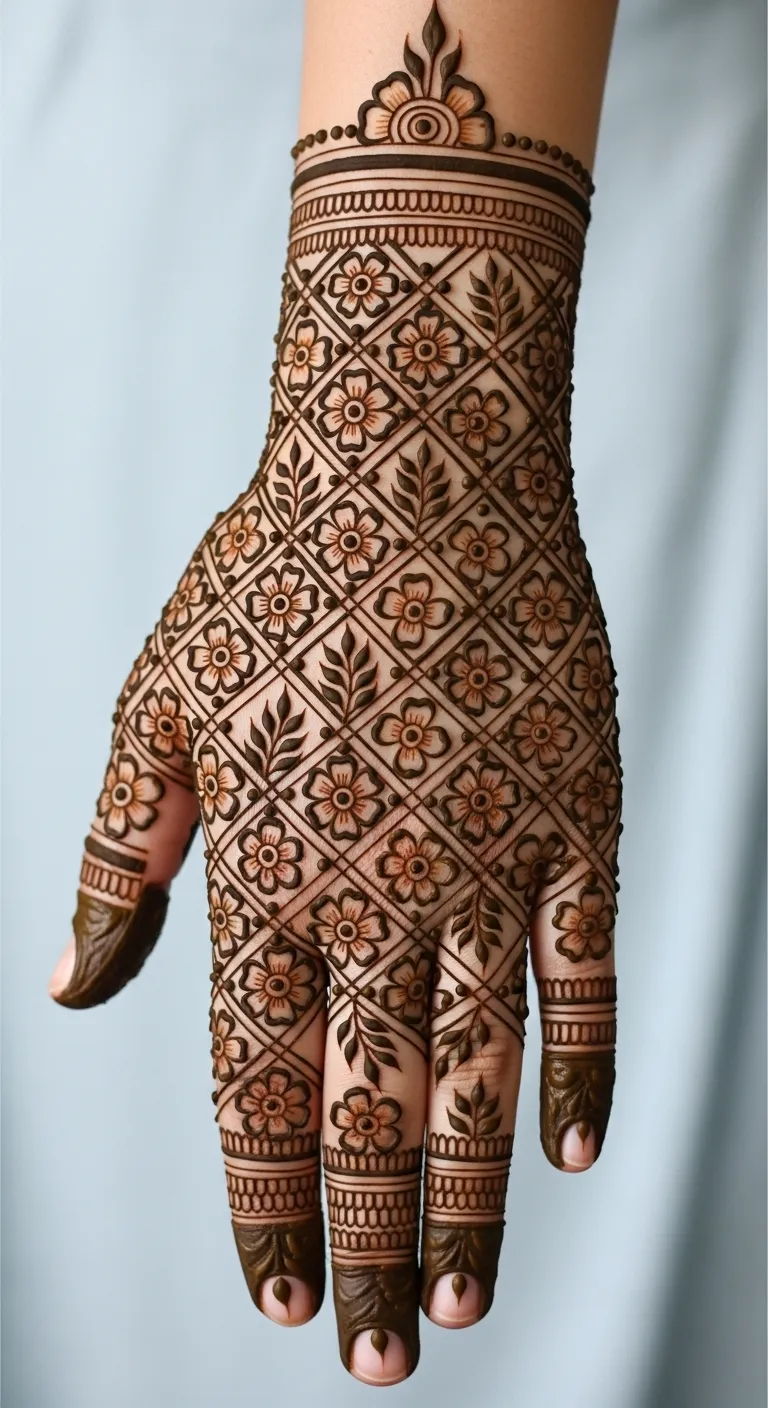 Geometric grid full coverage back hand mehndi