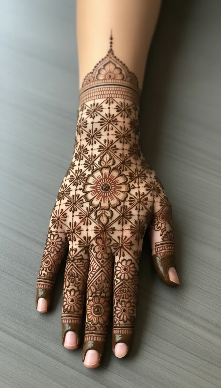 Full coverage back hand mehndi with dense jaal mesh
