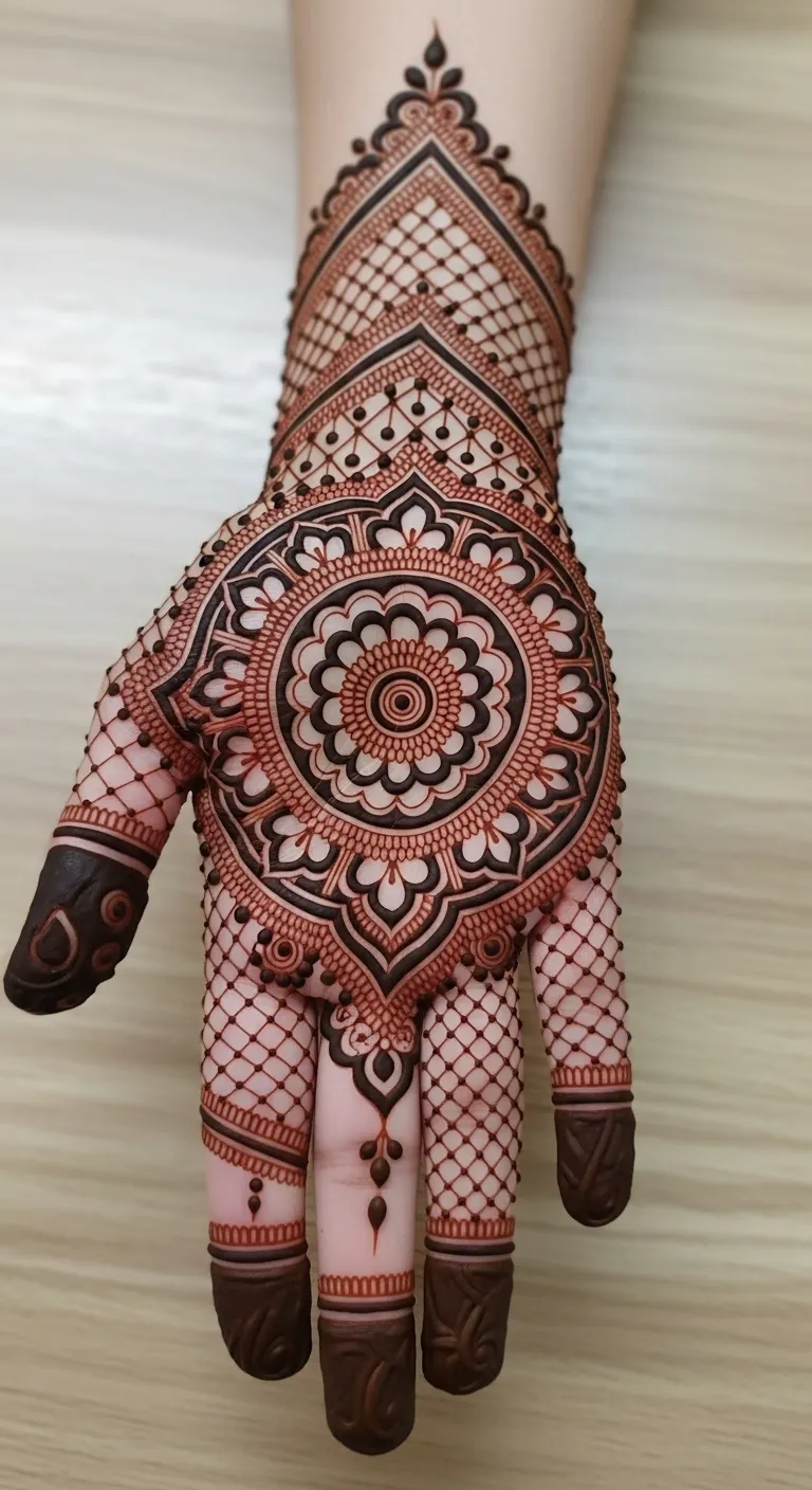 Full coverage mandala palm mehndi design