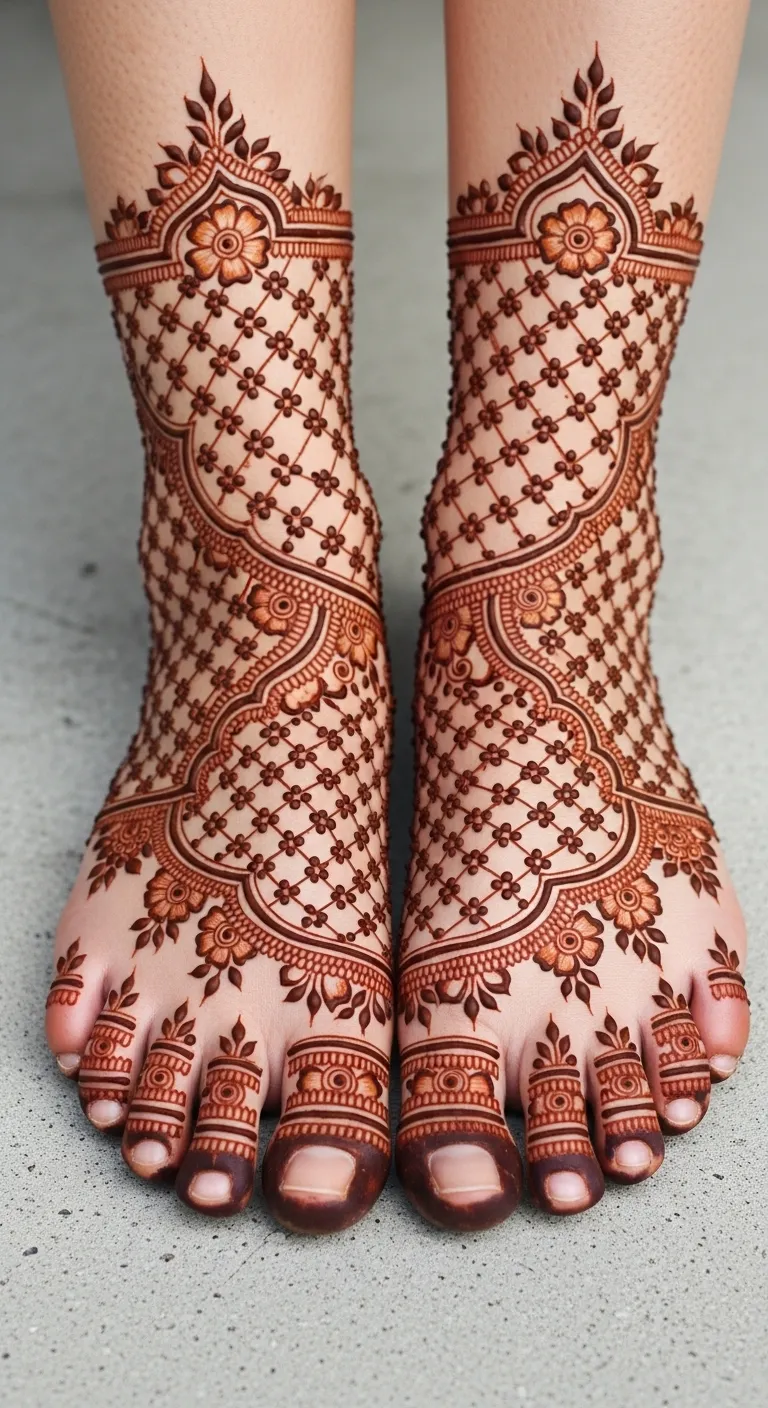 Full feet mehndi design with dense floral jaal