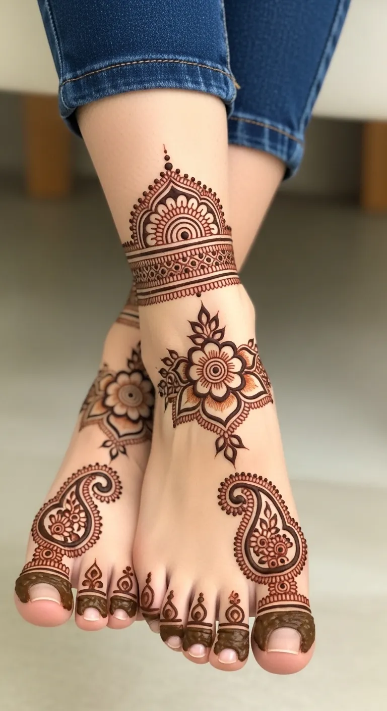 Full feet mehndi layered paisley flower mandala