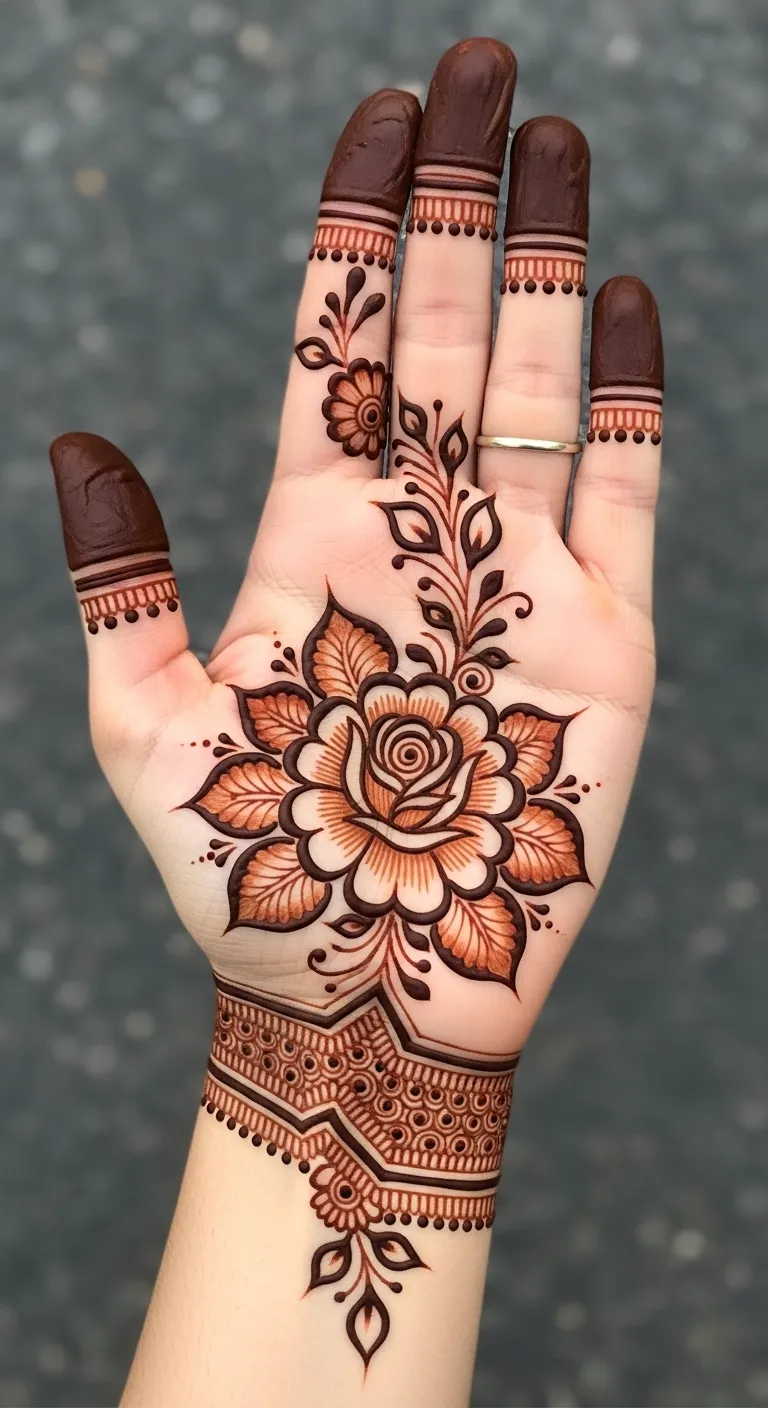 Full hand Arabic central rose mehndi