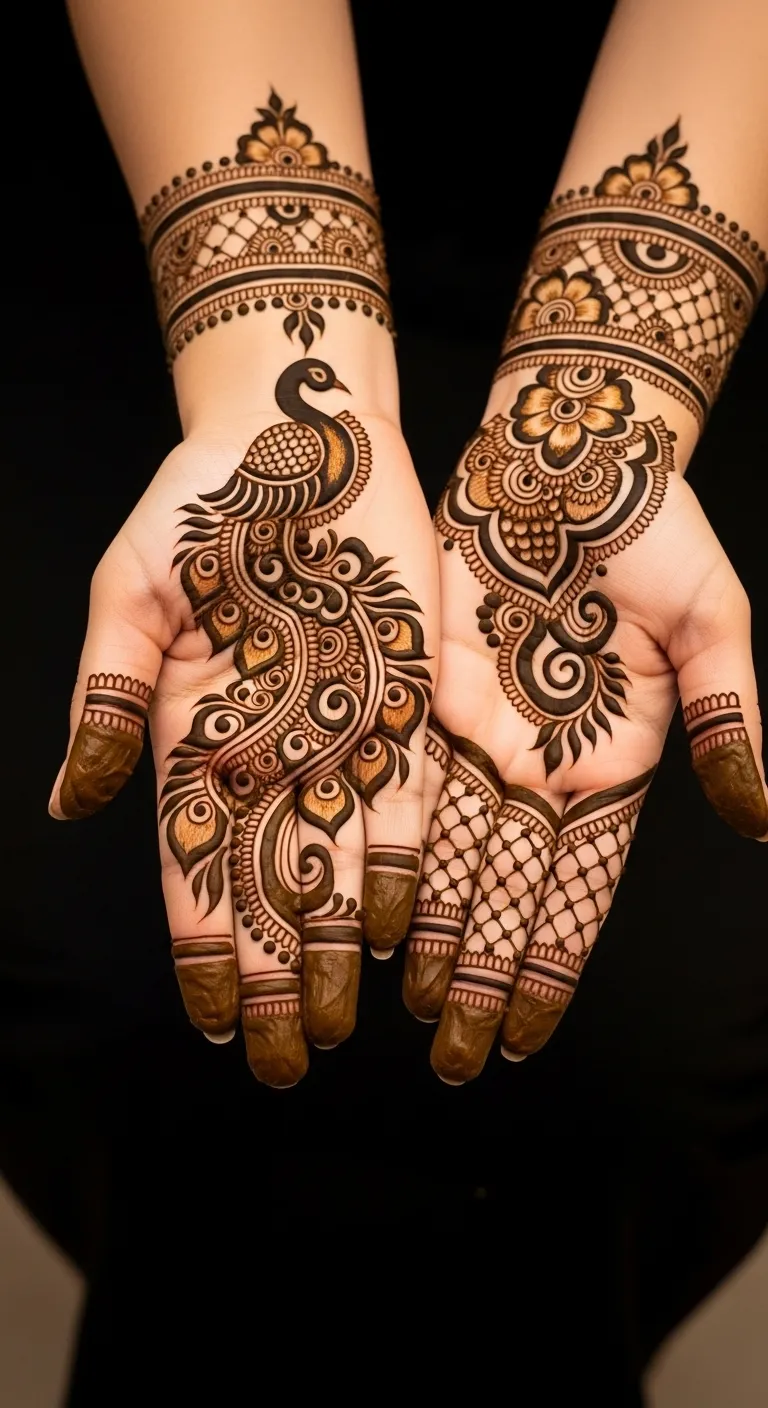 Full hand Arabic peacock Karwa Chauth mehndi