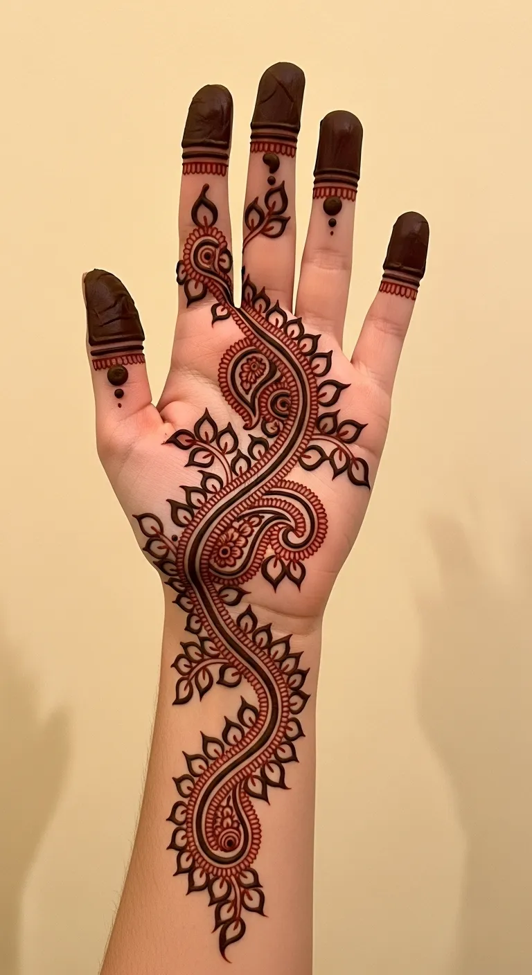Full hand bail mehndi with paisley and leaf fills