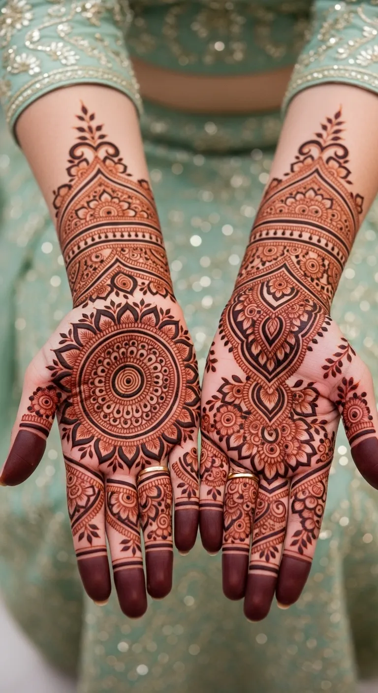 Full hand bridal mehndi with heavy mandala filling