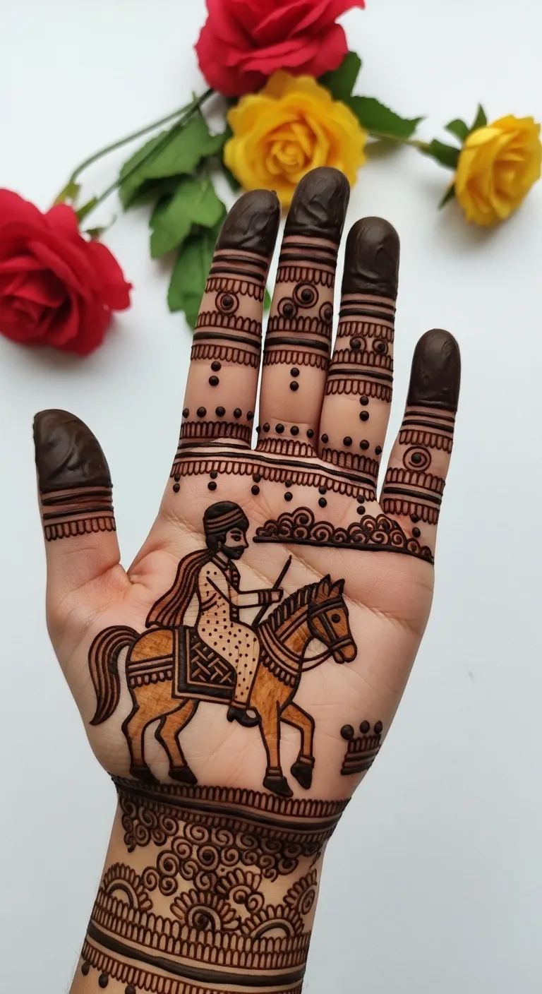 Full hand dulha mehndi design with baraat scene