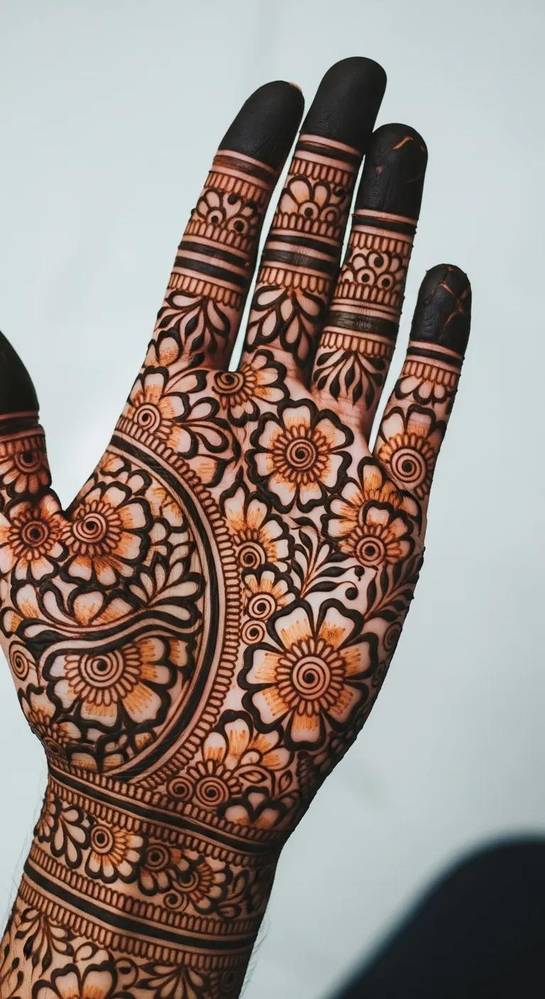 Full hand dulha mehndi with dense floral and leaf pattern
