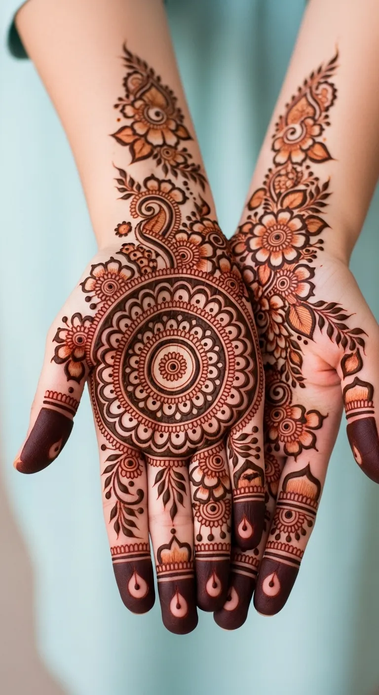 Full hand Eid mehndi with mandala and finger details