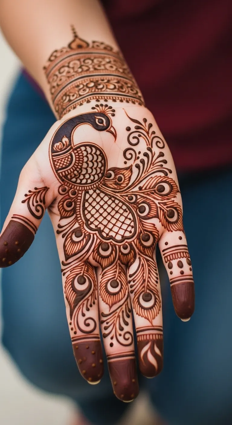 Full hand engagement mehndi design with peacock centerpiece