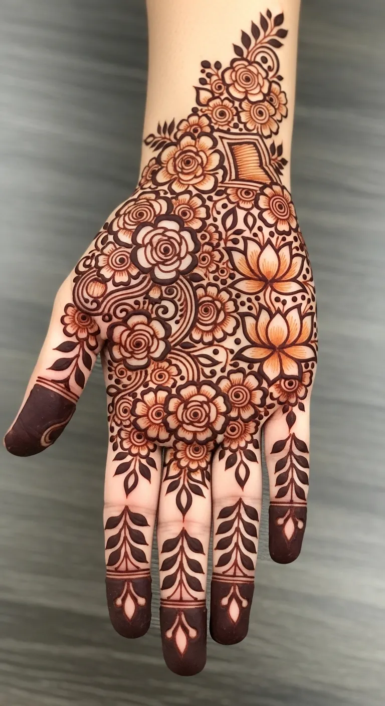 Full hand mehndi design with dense floral pattern
