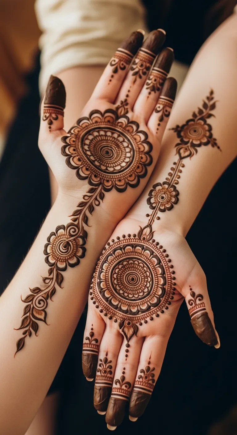 Arabic circle mehndi extending to forearm