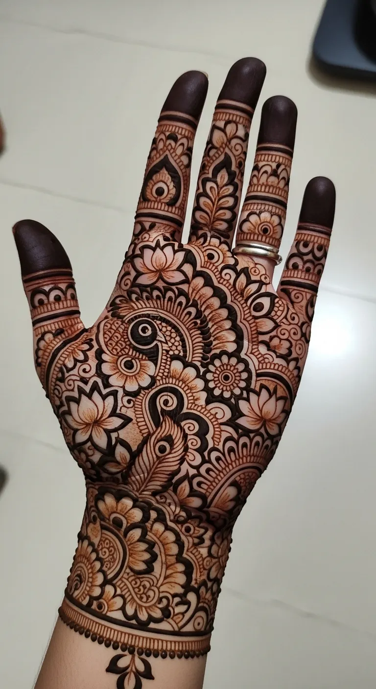 Full hand Indian mehndi with peacock and florals