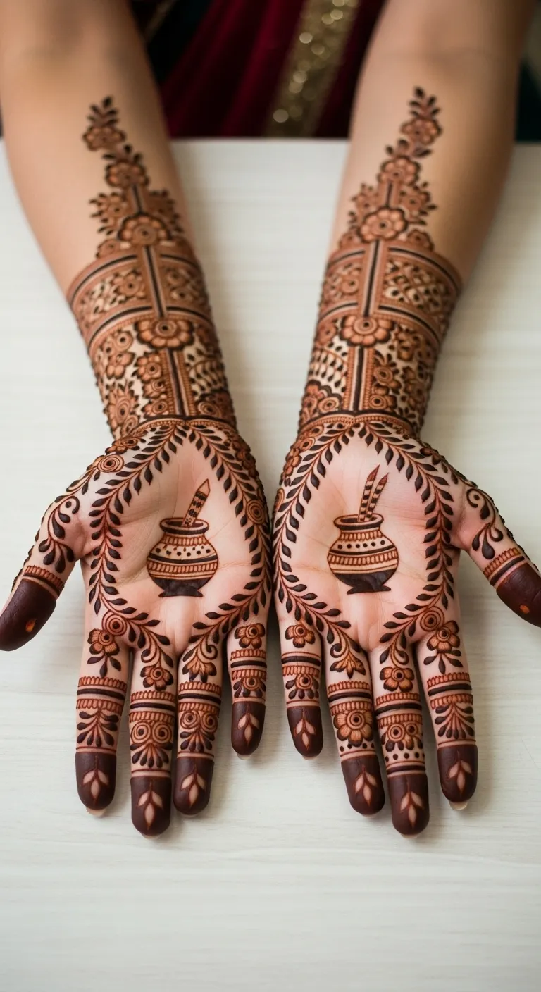 Full hand Karwa Chauth mehndi with floral trail and karwa pot