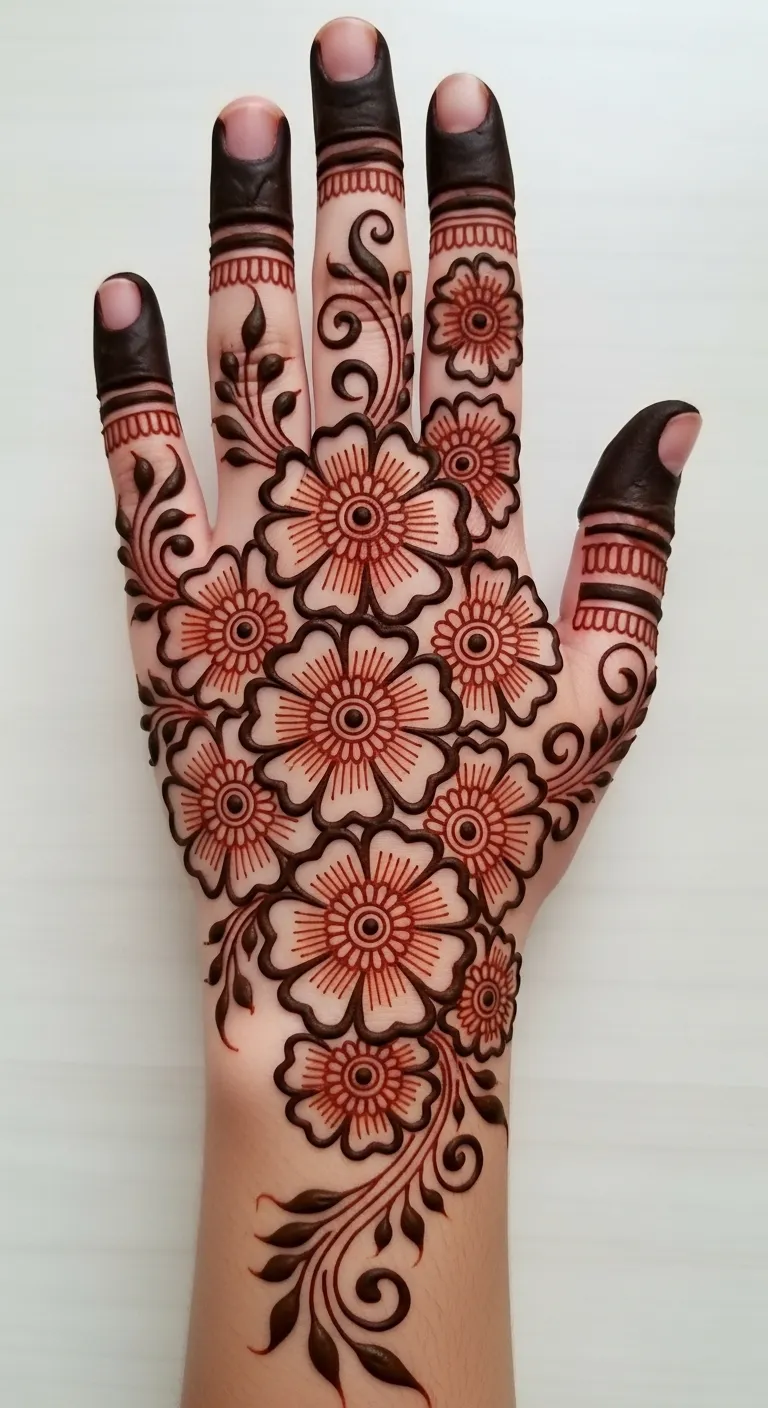 200+ Stunning Flower Mehndi Designs You Will Love (2026) 12 Layered flower mehndi covering full hand