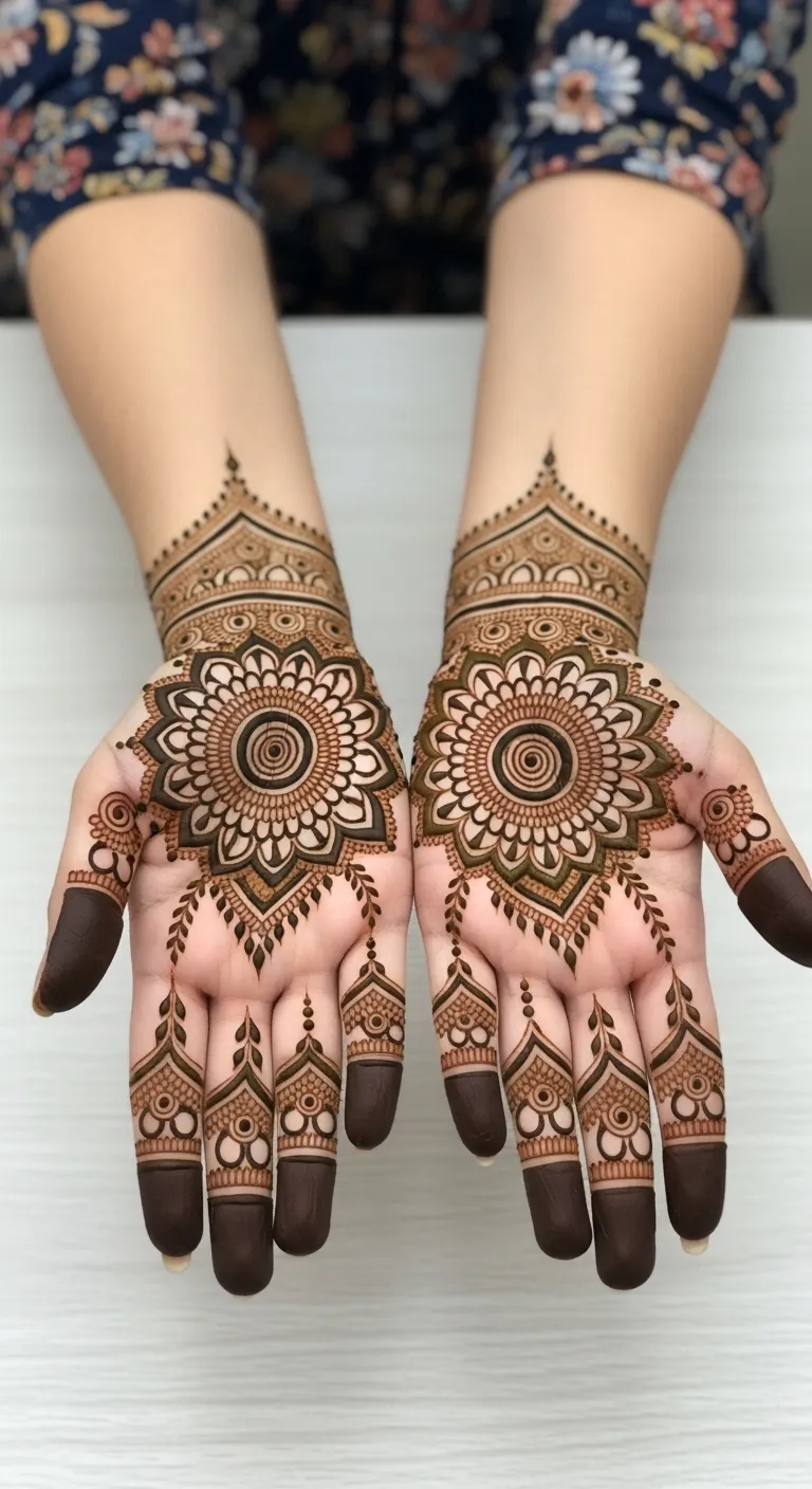 Full hand mandala mehndi with bail pattern to fingertips