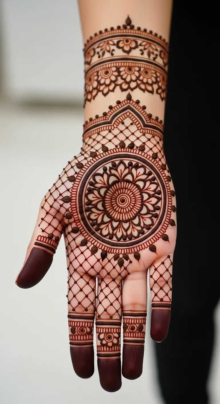 Full hand mehndi with central mandala design