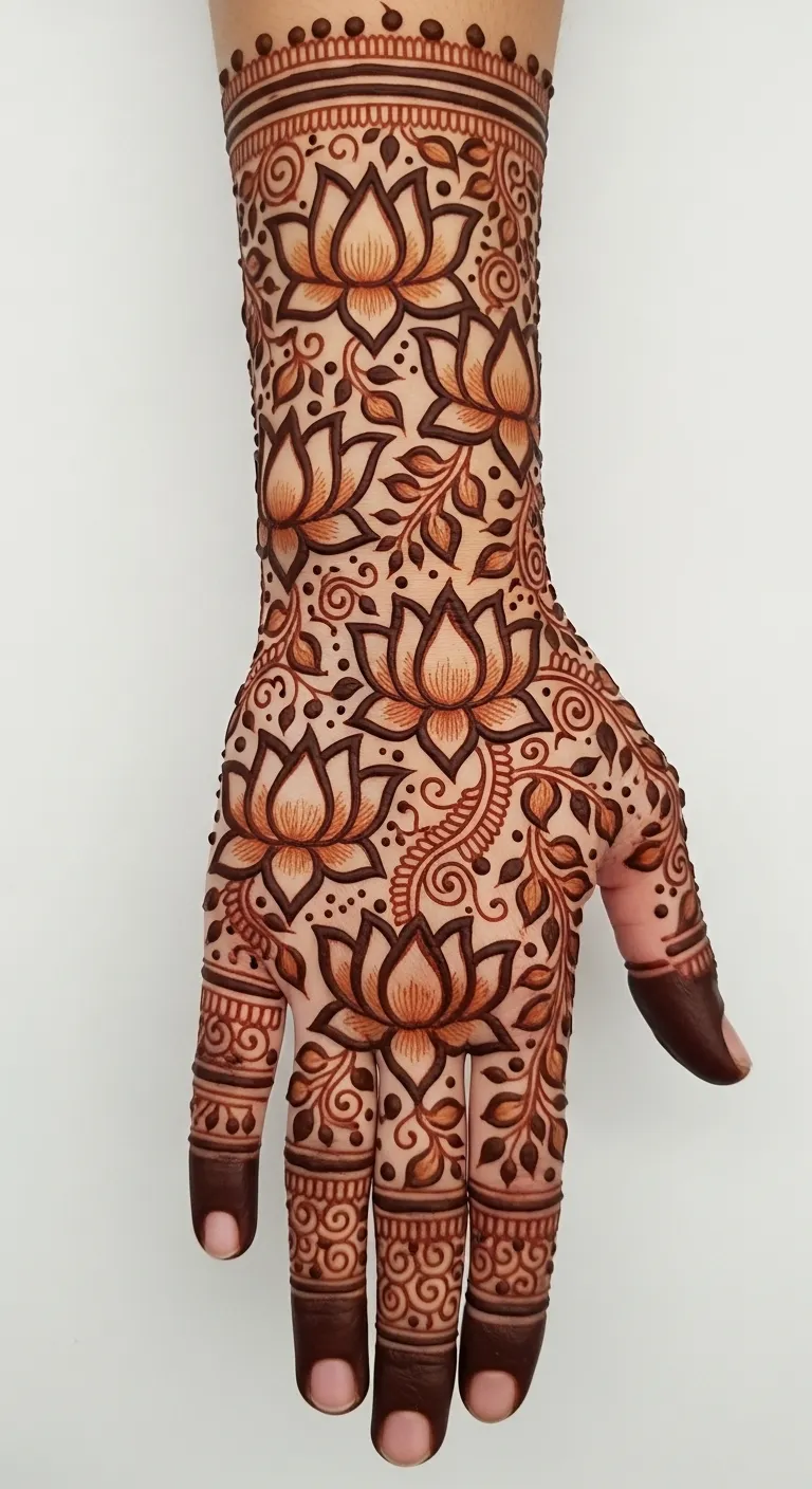 Full hand multiple lotus mehndi with vines