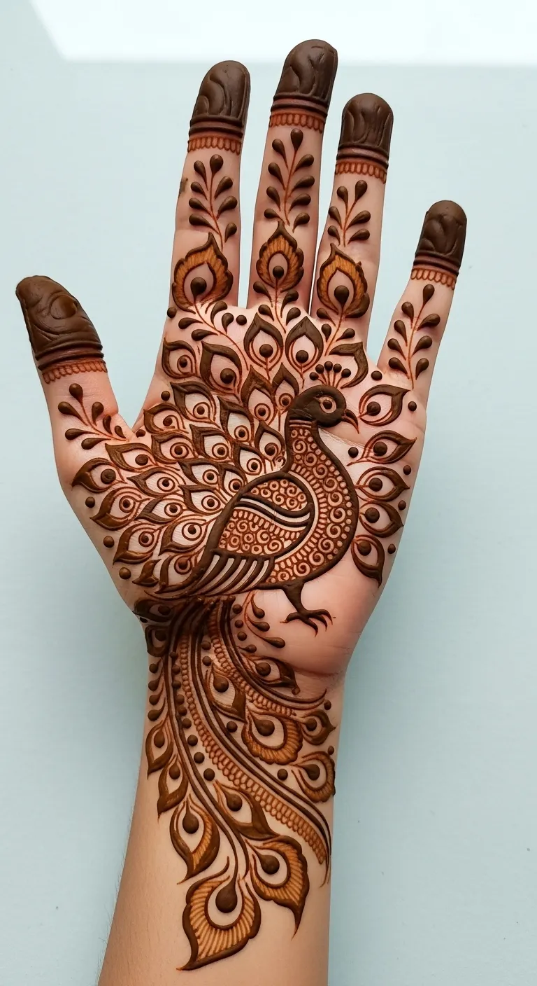 Full hand peacock mehndi with tail on all fingers